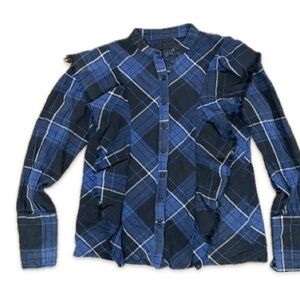 Maison Cinqcent Blue and Black Plaid Ruffle Button Down Blouse